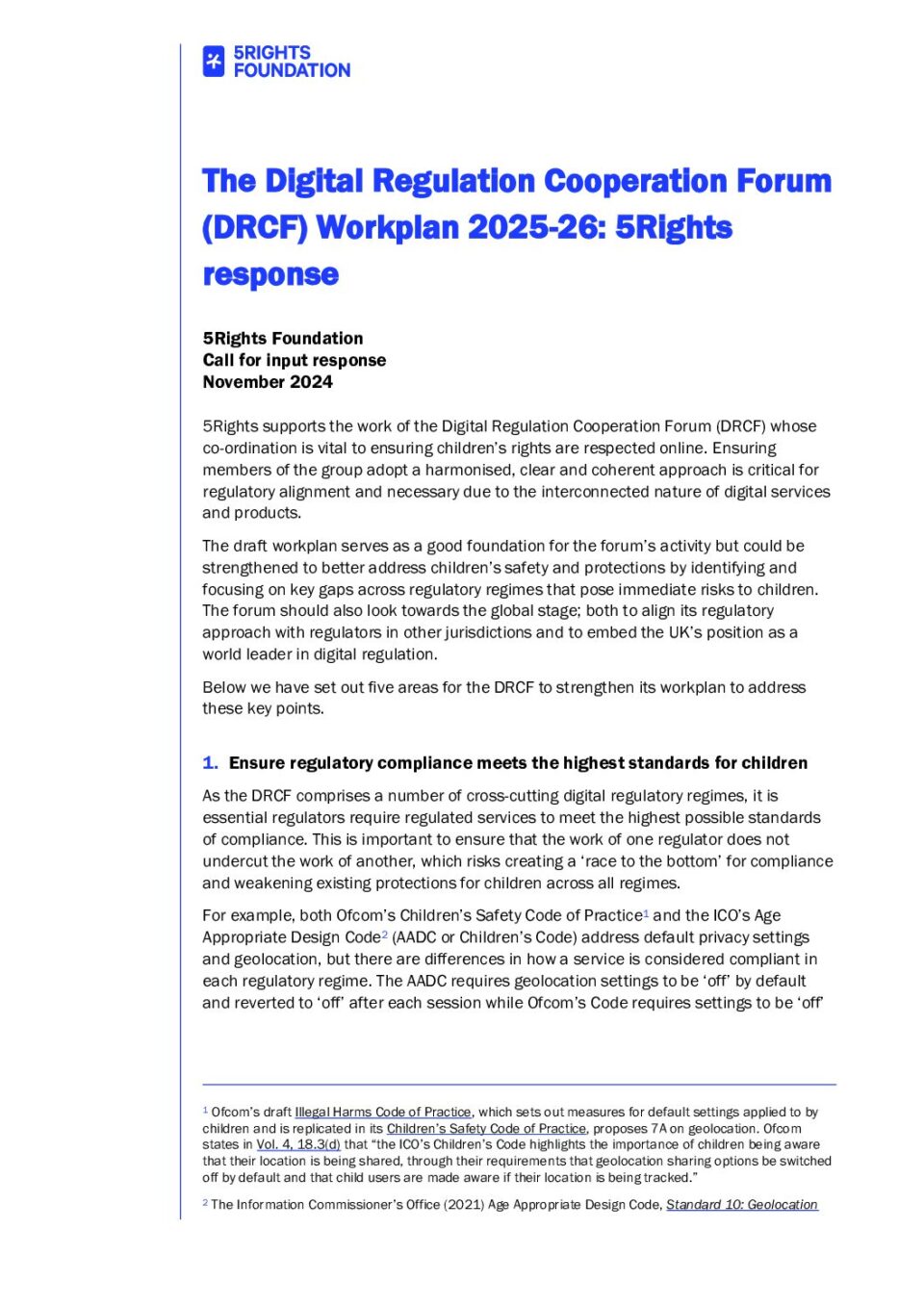 5Rights Foundation - Response to the DRCF's 2025-26 Workplan