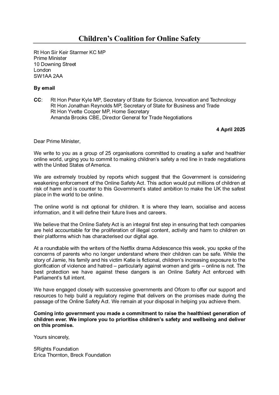 Children's Coalition for Online Safety - Letter to the Prime Minister