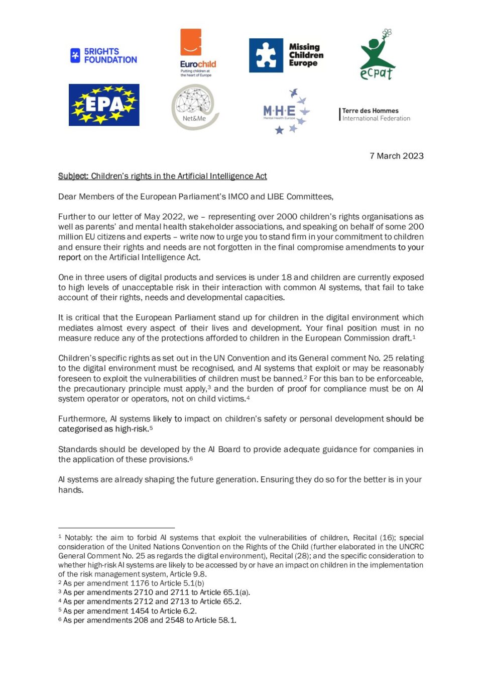 Joint letter on AIA(2) - 5Rights, Eurochild, ECPAT, EPA, MHE, COST, TDH - 7.03.2023