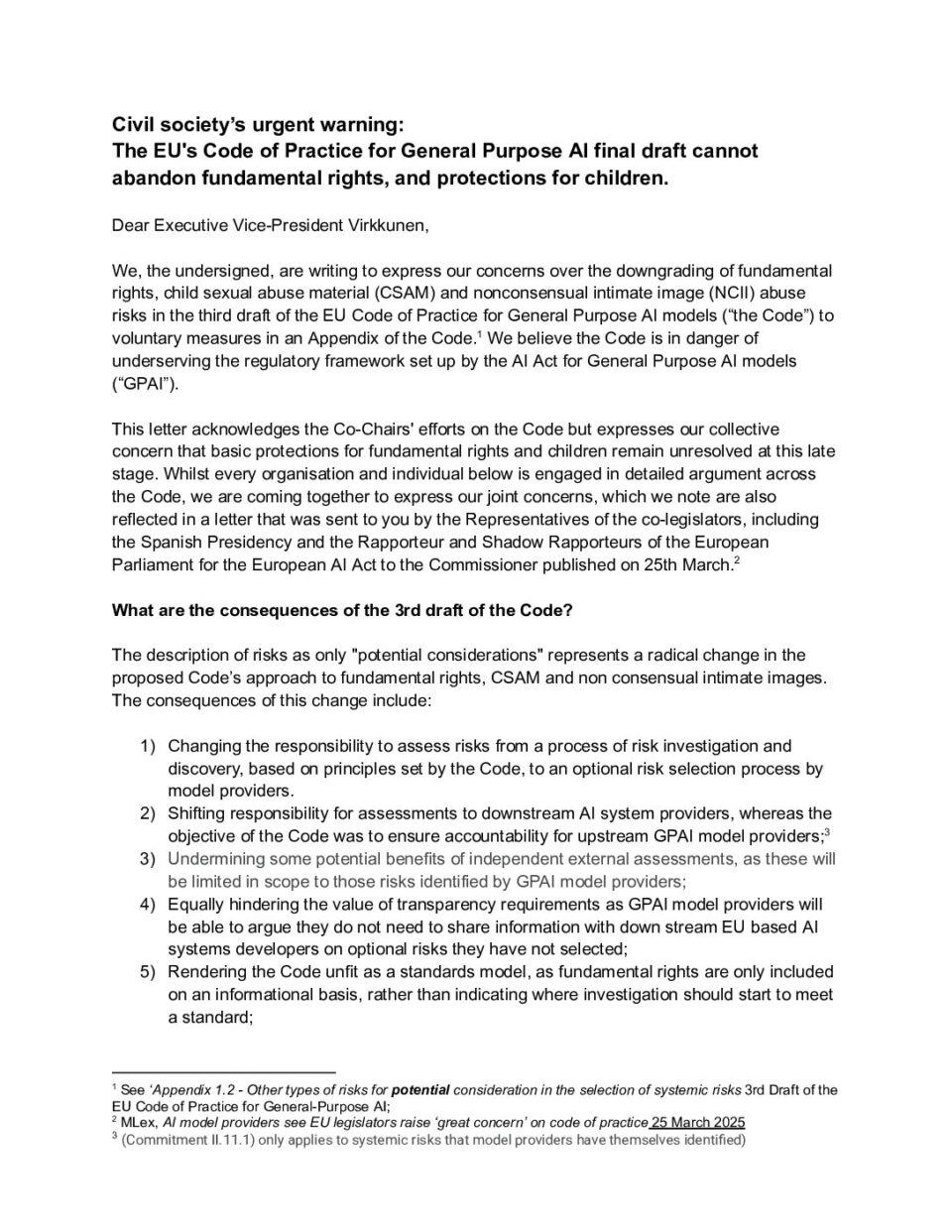 Joint letter on behalf of Civil Society participants in the EU's Code of Practice for General Purpose AI