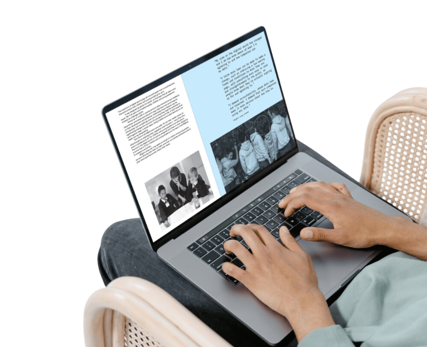 A person sitting with a laptop on their lap, viewing the 5Rights 2020-2025 Strategy, a document that contains both text and black-and-white photos. The left side of the screen features a block of text along with a photo of children working together at a table. The right side displays a light blue background with additional text and a photo of several people wearing hooded sweatshirts with the 5Rights logo, seen from behind. The person typing on the laptop appears to be reading the strategy document.