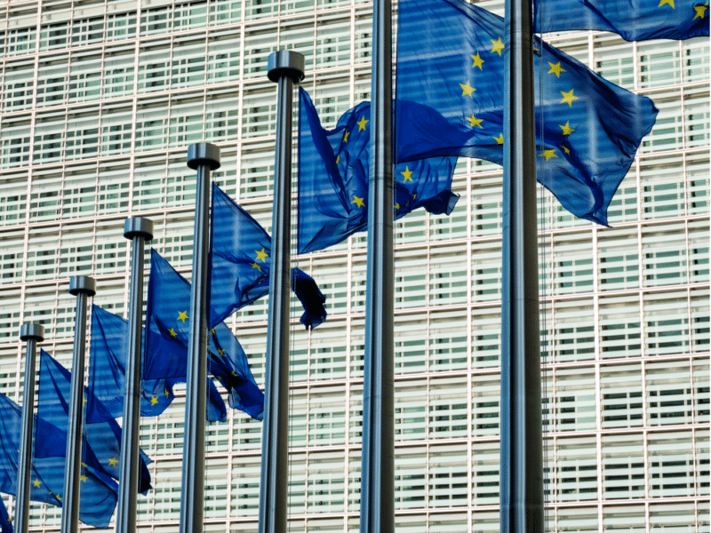 A row of European Union flags, blue with yellow stars, are seen waving in the wind on tall flagpoles in front of a modern, grid-like glass building. The flags are aligned in a diagonal formation, creating a dynamic sense of movement against the structured background of the building.