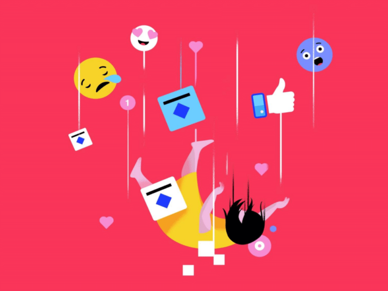 A stylised and minimalistic illustration with a vibrant red background. It shows a figure (a person) in a yellow outfit falling or floating downward, facing down, with arms and legs loosely extended. The figure’s hair is flowing upwards, enhancing the feeling of falling. Surrounding the figure are various digital elements associated with online interactions such as emojis, hearts, thumbs-up.