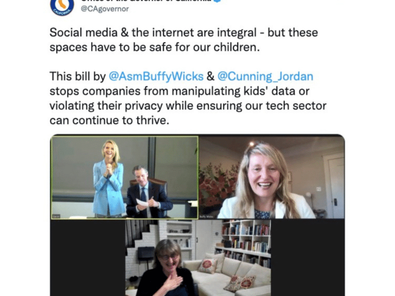 A tweet from the Office of the Governor of California, highlighting the passing of a bill protecting children's online data. The tweet features an image of four people on a video call, celebrating the bill's signing. The text emphasises the need for safe online spaces for children.