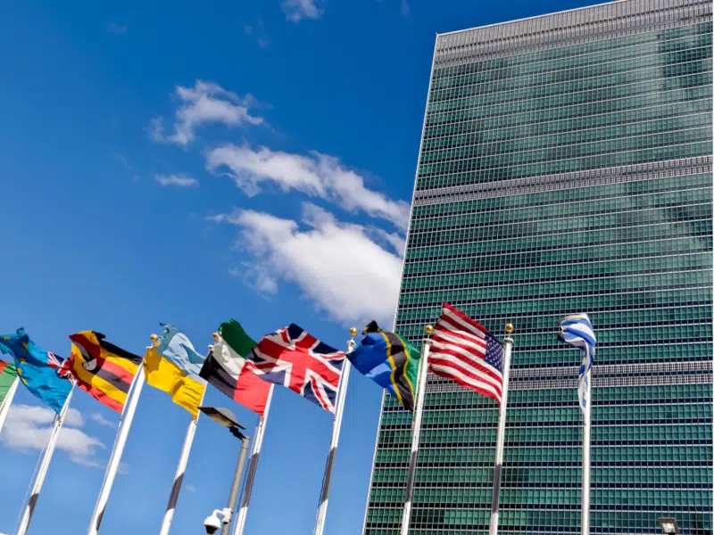A group of international flags is seen waving in the wind against a bright blue sky, in front of the United Nations headquarters in New York City.