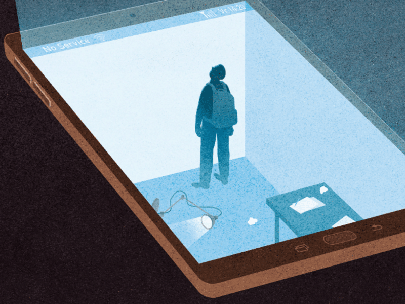 A silhouette of a child wearing a backpack in a room stood close to a wall. This is displayed on a smartphone. The room has school equipment left in a mess.
