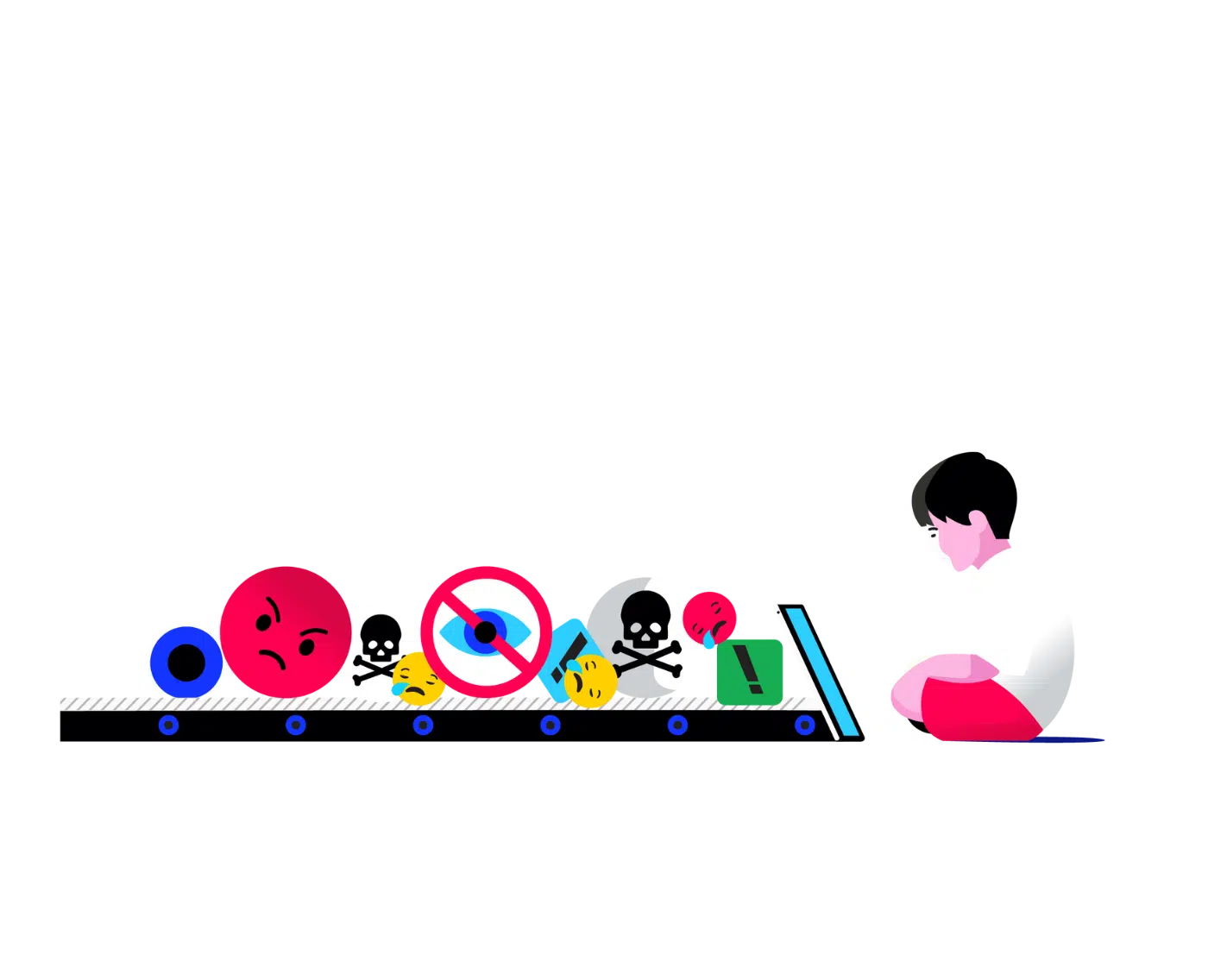 A child sitting in front of a screen, possibly representing a tablet or computer, with a beam of light shining on their face. In front of the screen is a conveyor belt filled with various symbols, including angry faces, skulls, warning signs, and other negative icons, symbolizing harmful or overwhelming content being consumed digitally. The illustration conveys a message about the dangers or challenges of navigating online spaces.
