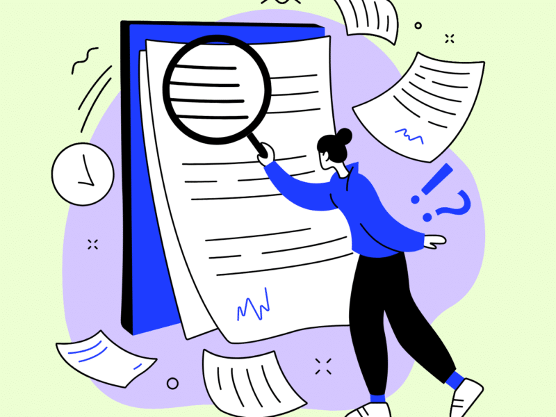 An illustration of a person holding a magnifying glass, closely examining a large document. Papers are scattered around. The person appears to be investigating or scrutinising the document, suggesting a focus on understanding or reviewing complex terms.