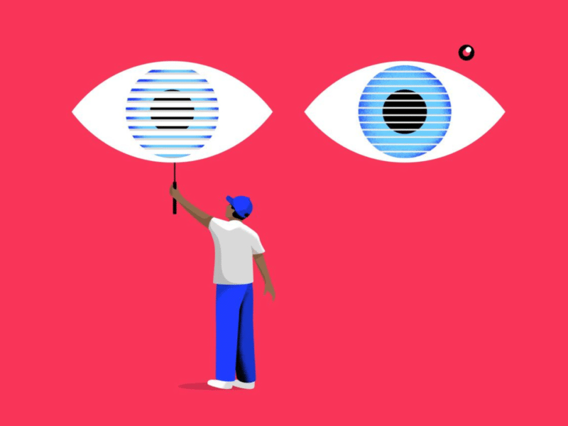 An illustration of a young boy wearing a blue cap and shirt stands on a red background, facing away from the viewer. The boy is looking above to a large pair of eyes. On the top right corner, the boy can see a recording light flashing red.