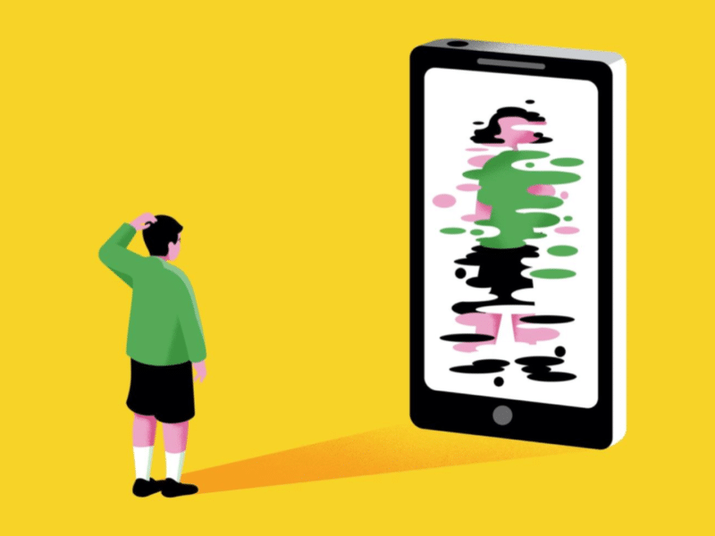 An illustration of a young boy, wearing a green shirt and shorts, stands with his hand on his head, looking at a gigantic smartphone much bigger than the boy. The screen of the phone displays a distorted image of the boy.