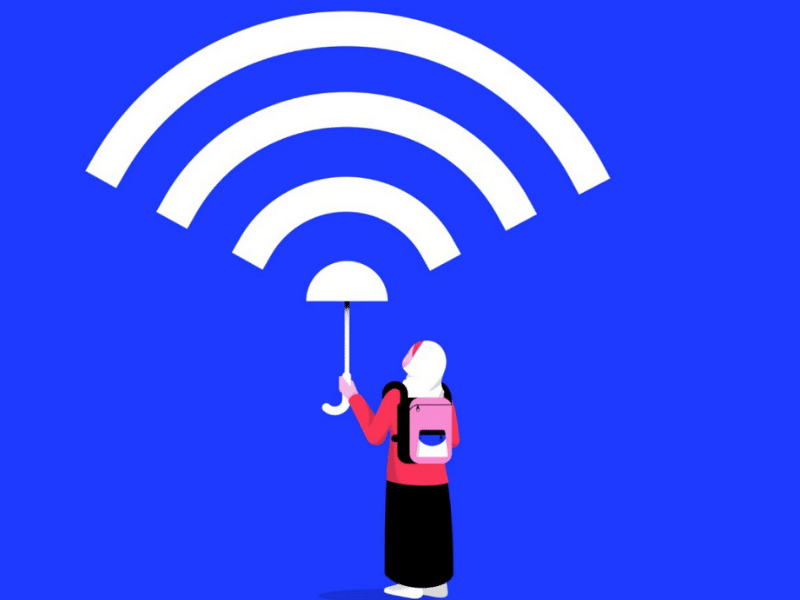 A woman in a red jacket and backpack stands holding an umbrella with a Wi-Fi symbol on it against a blue background.