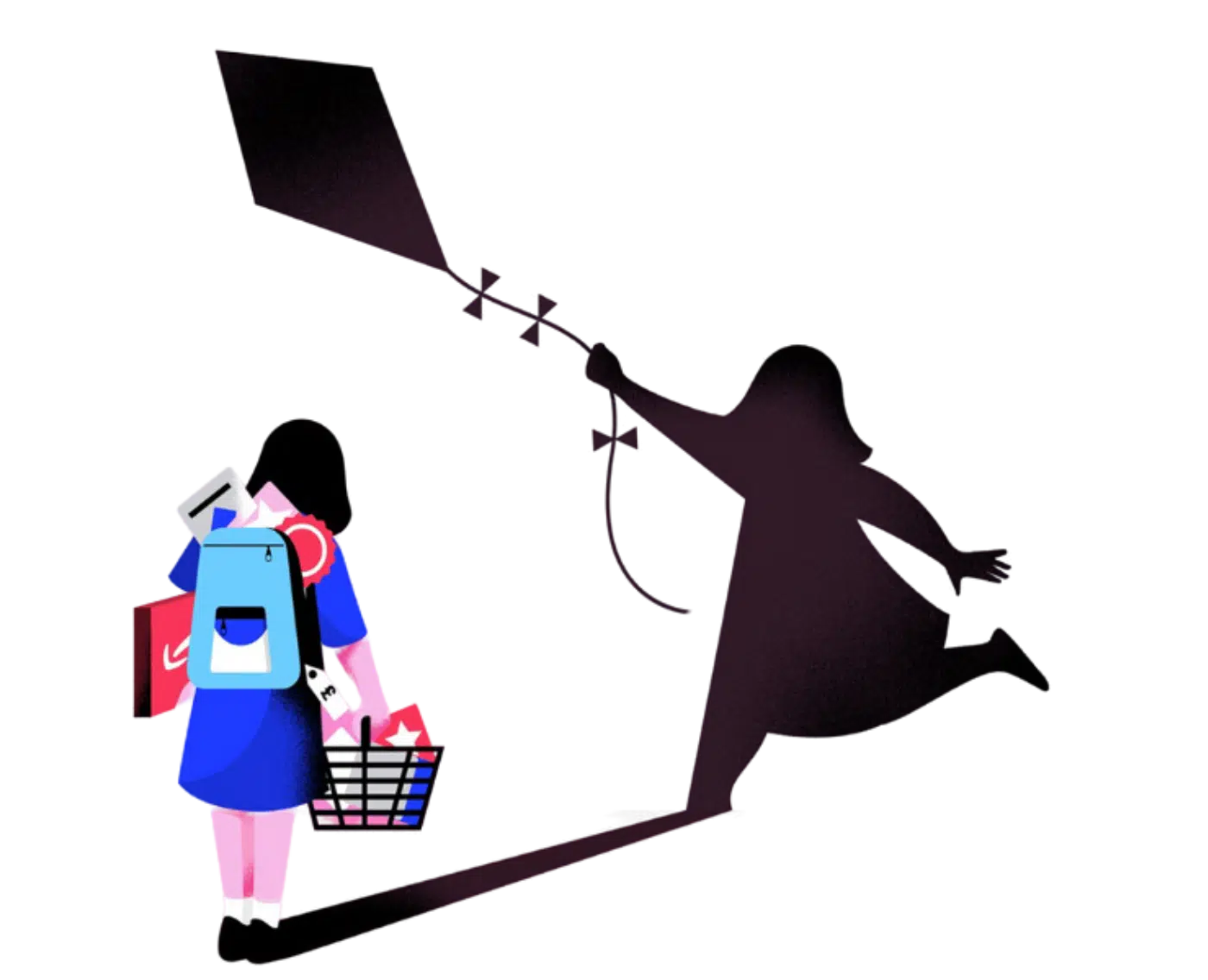 Illustration of a young girl, viewed from behind, carrying a heavy load of school supplies and other items. She is dressed in a school uniform with a blue backpack. The items she carries seem to weigh her down, making her appear burdened. Behind her, there is a shadow of herself depicted in a more carefree, joyful pose, holding a kite.