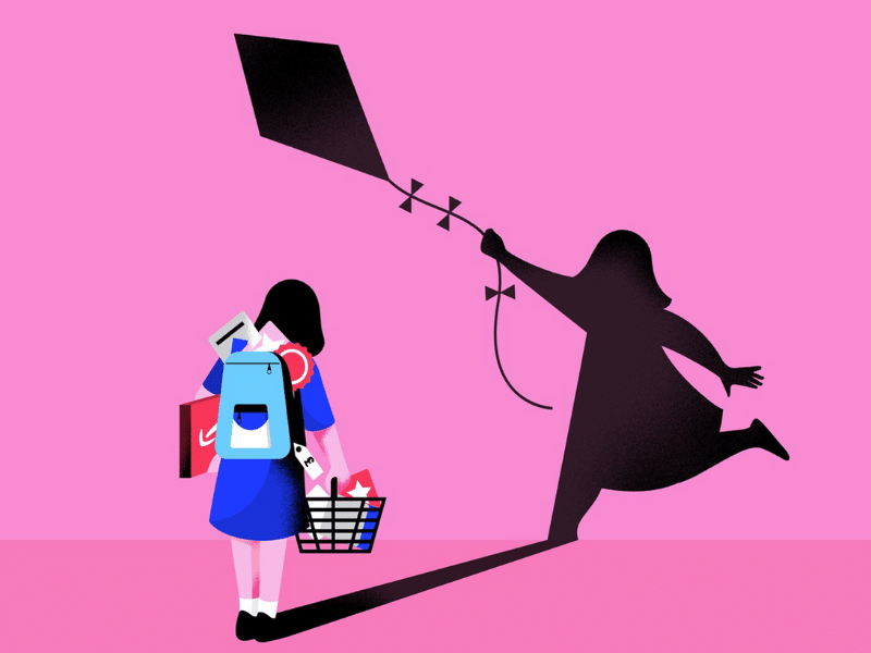 An illustration of a young girl with a backpack and a shopping basket stands on a pink background. Her shadow is large and distorted and is holding a kite string.