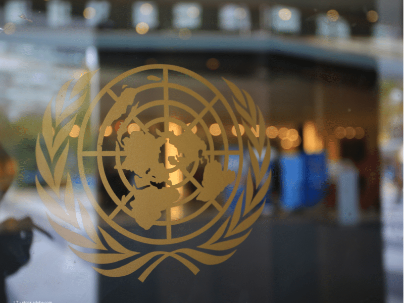 The emblem of the United Nations is prominently displayed on the glass front door of the United Nations Headquarters in New York. The emblem features a world map surrounded by two olive branches, symbolizing peace. Through the glass, the blurred interior of a building can be seen, with soft lighting and reflections adding depth to the image.